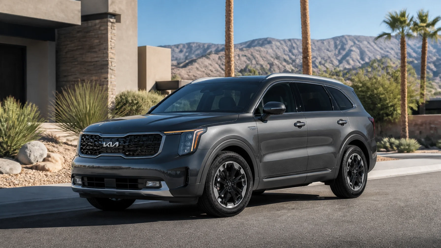 A photo-realistic Kia Sorento in a desert neighborhood with the modern Kia logo visible
