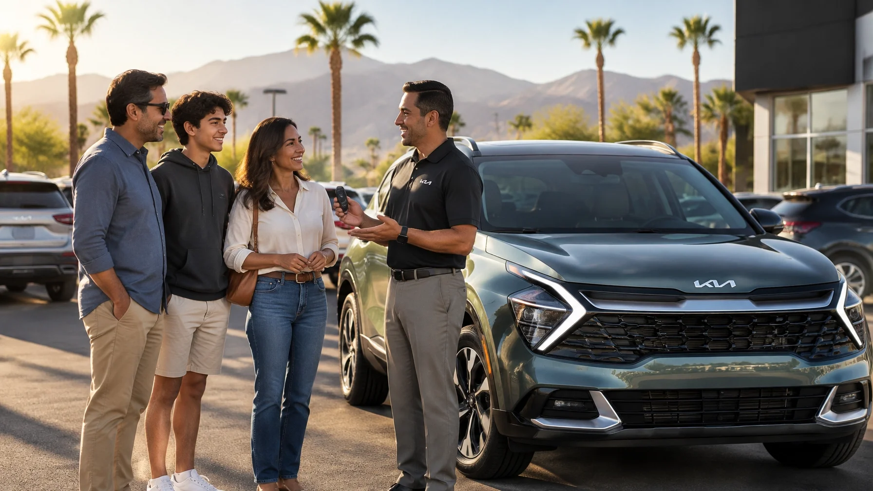 A Coachella Valley family discusses a Kia SUV with a dealership specialist