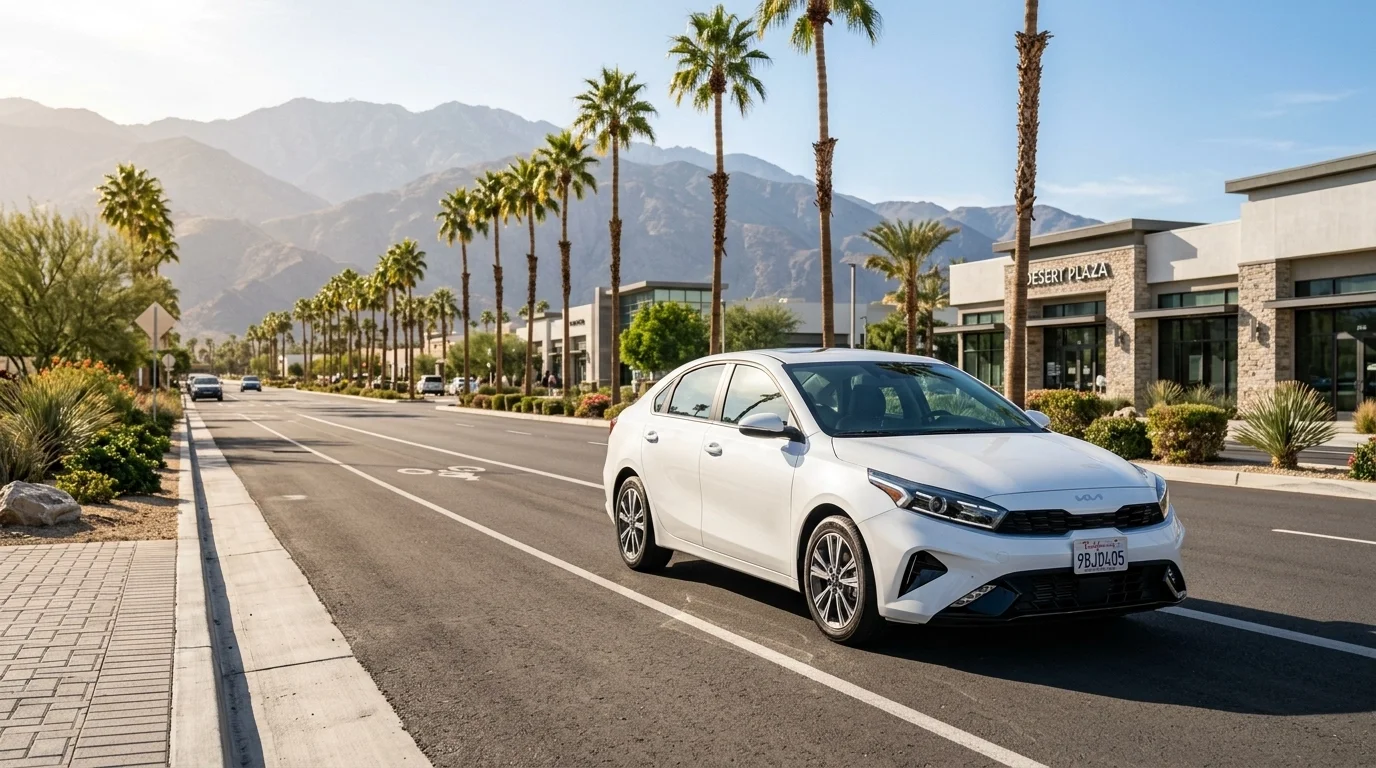 A white 2024 Kia Forte parked in Palm Desert with palm trees and mountains in the background