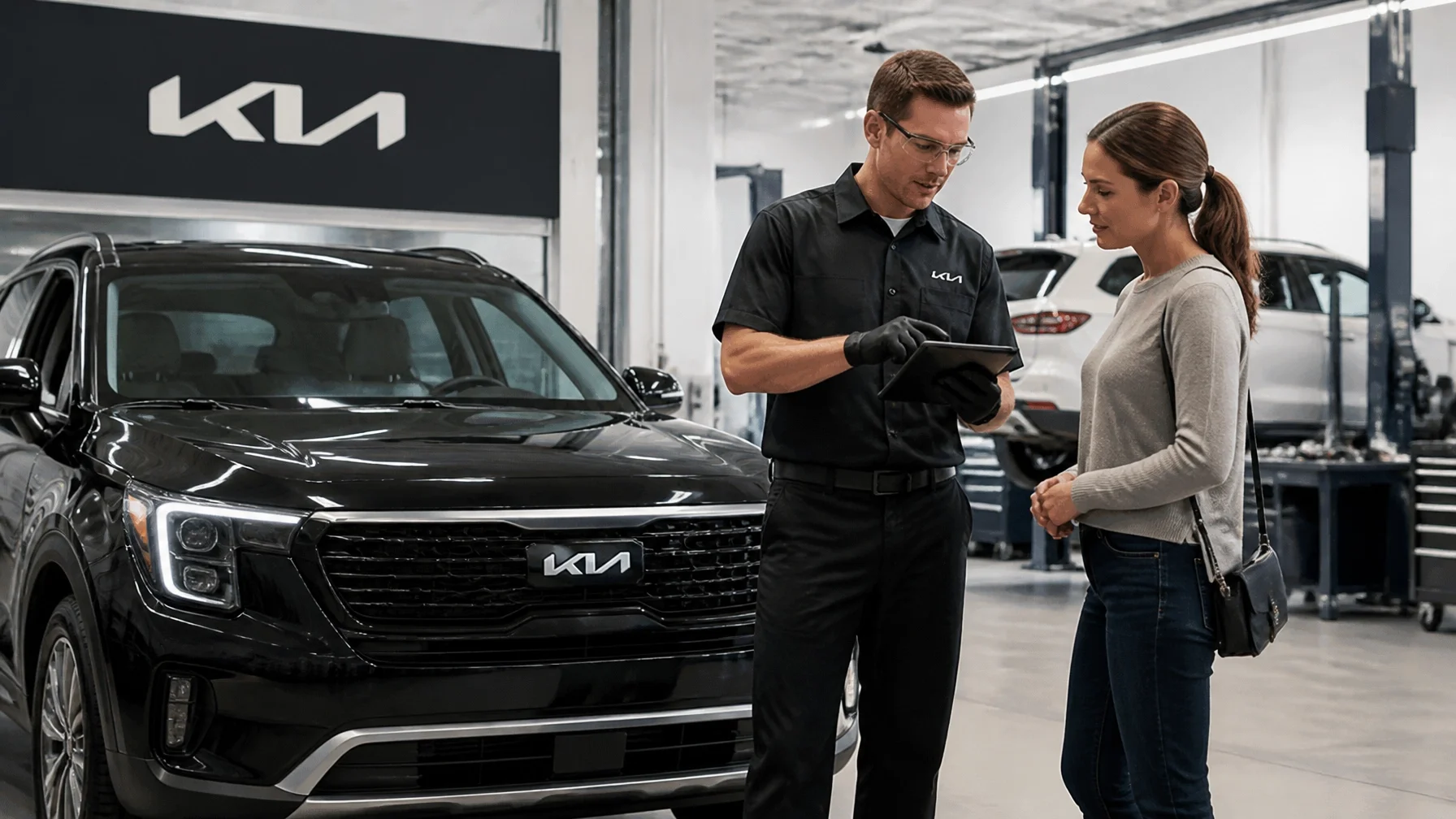 A photo-realistic Kia service department scene with a real Kia vehicle and the modern Kia logo visible
