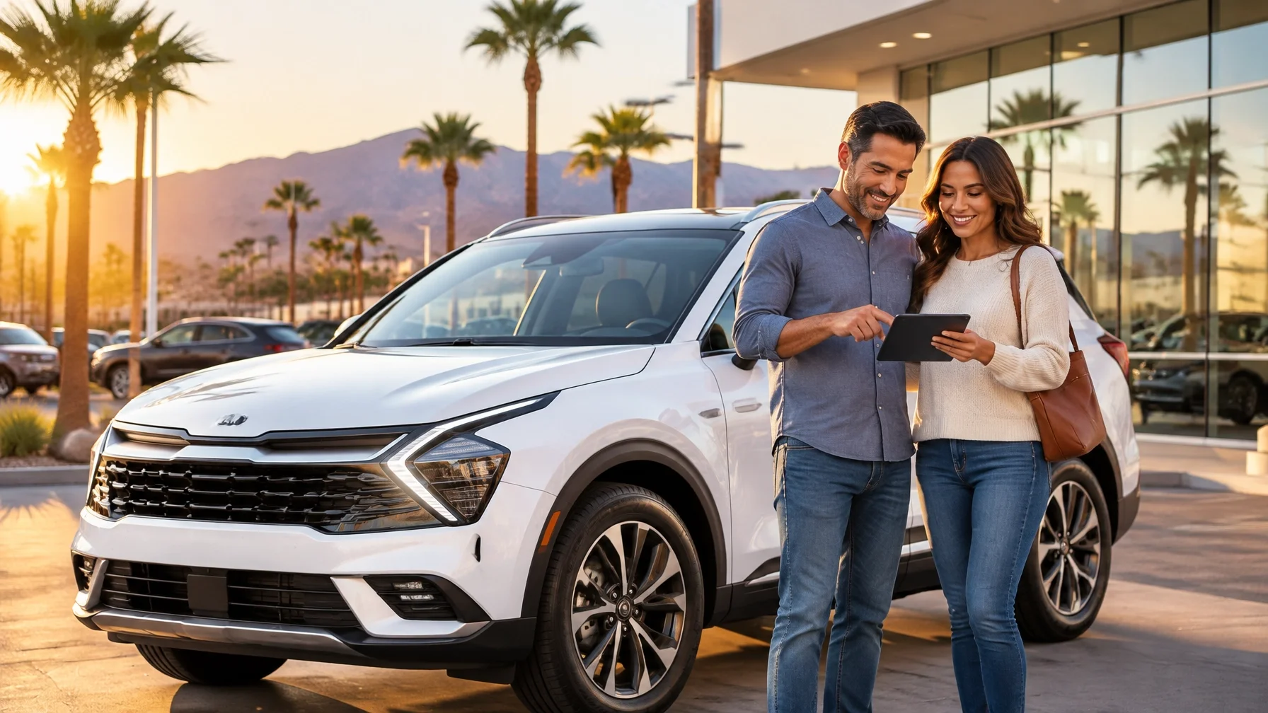 A modern Kia SUV in front of a dealership in Indio, California, with a couple calmly reviewing purchase information.