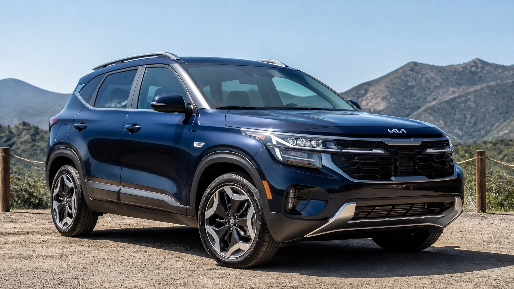 A photo-realistic Kia Seltos compact SUV with the modern Kia logo visible