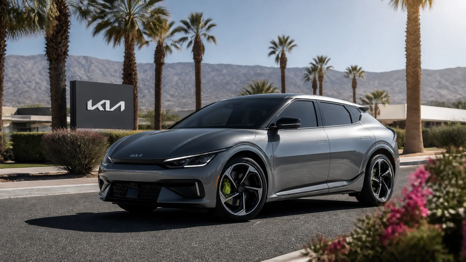 A photo-realistic Kia EV6 in a bright Coachella Valley desert setting with the modern Kia logo visible