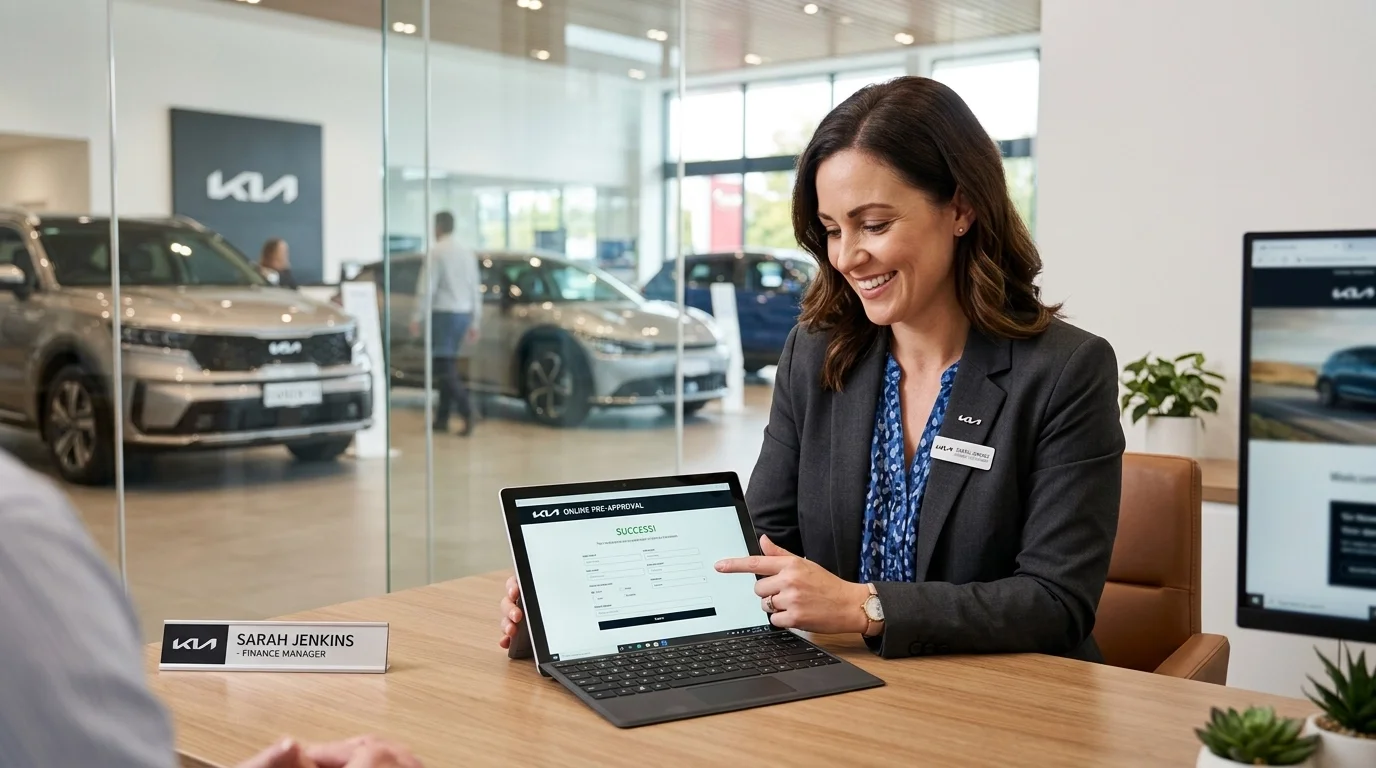 A professional finance consultant looking at a tablet in a modern Kia dealership