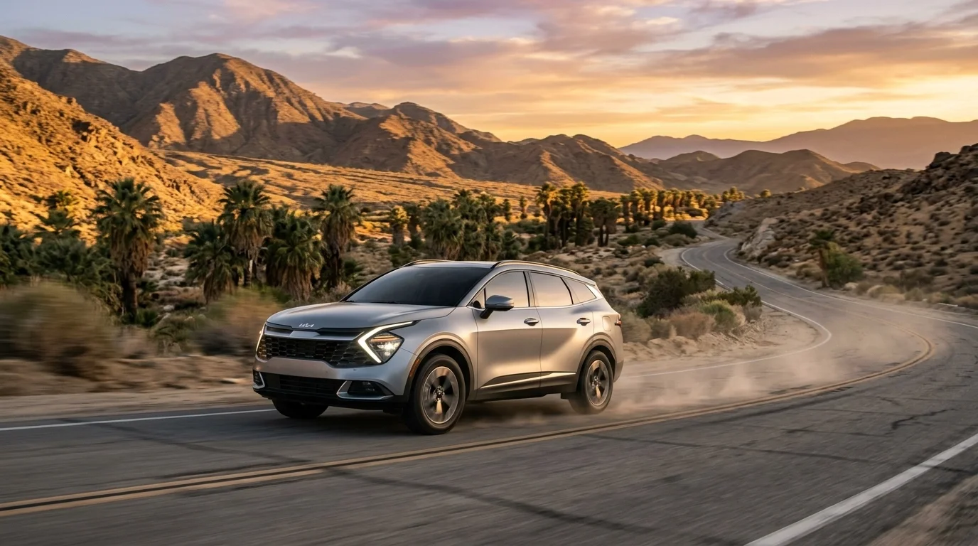 A silver Kia Sportage driving through the desert landscape near Indio at sunset