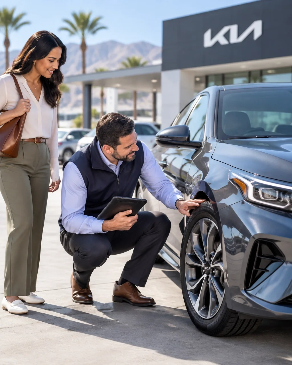 A certified appraiser inspects a pre-owned vehicle with its owner at a dealership