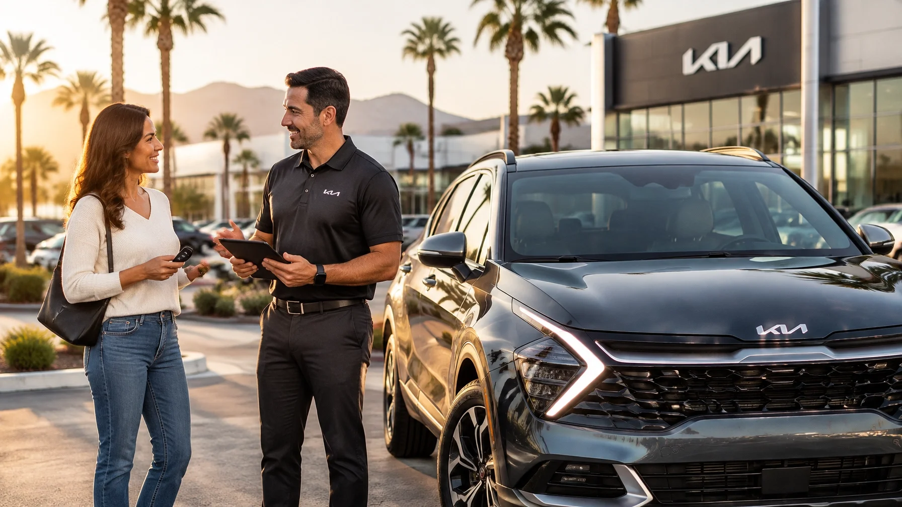 A vehicle owner speaks with a Fiesta Kia appraiser beside a clean crossover at a dealership in the Coachella Valley
